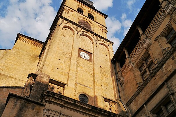 looking up to the clock & bell tower of Cathedrale Saint-Sacerdos