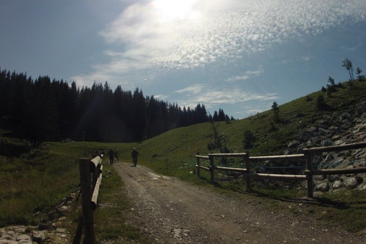 two mountain bikers on a trail in Les Gets