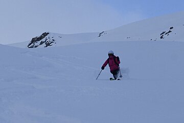 a skier in a red jacket
