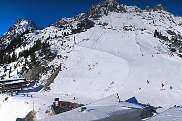 A panoramic ski resort scene with snow-covered mountains, skiers on slopes, chairlifts, and base buildings under a clear blue sky.