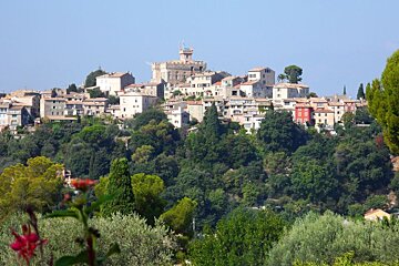 A small town sits on top of a hill surrounded by trees