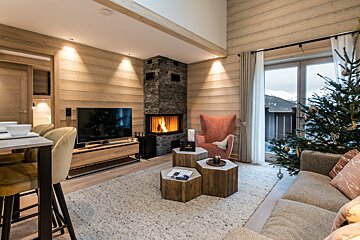 A living room with a fireplace and a christmas tree