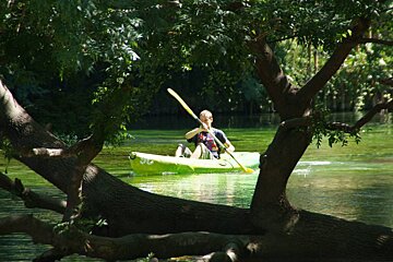 people rafting on canoes on a river