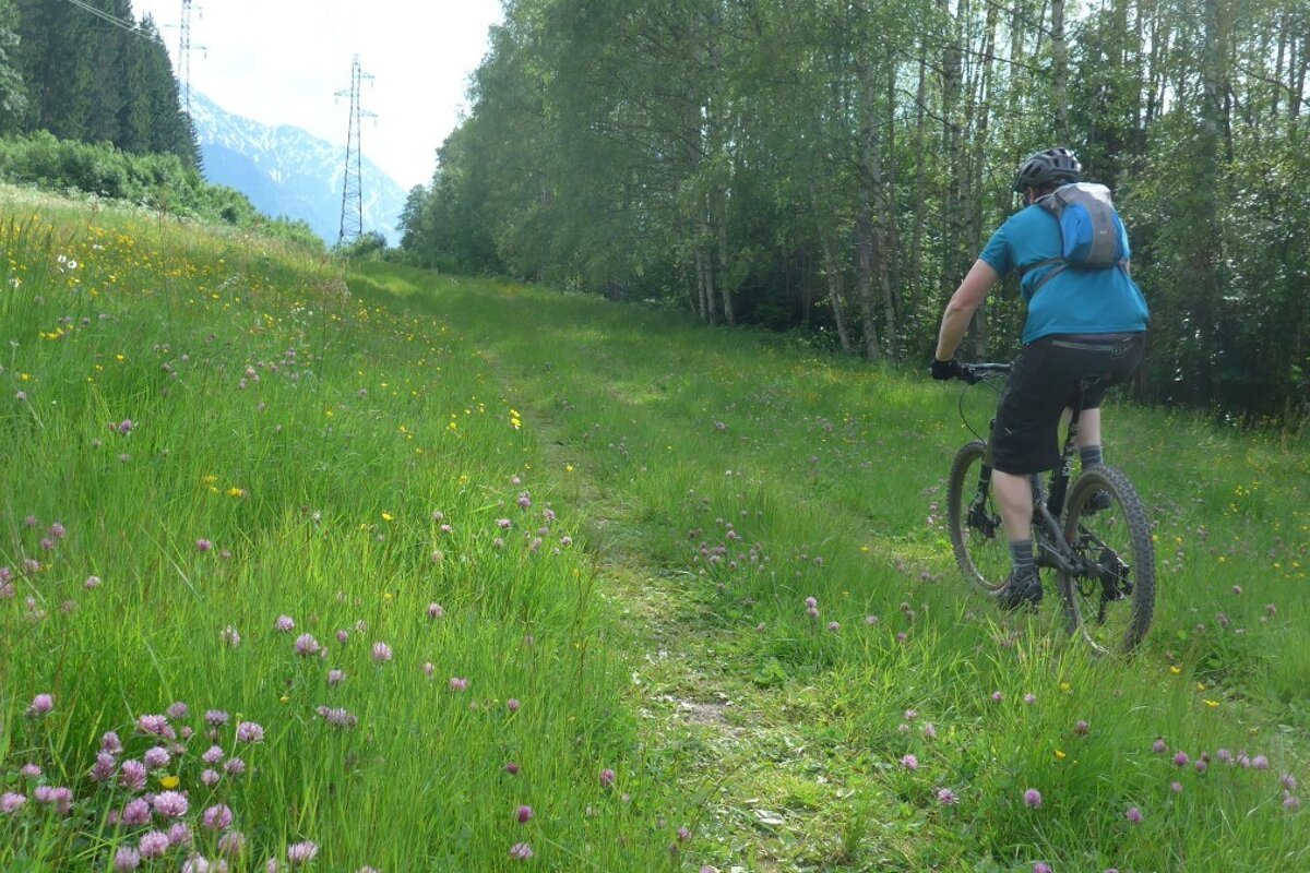a mountain biker starting a climb in chamonix
