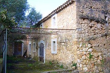 An old stone building with a roof and a door is surrounded by trees