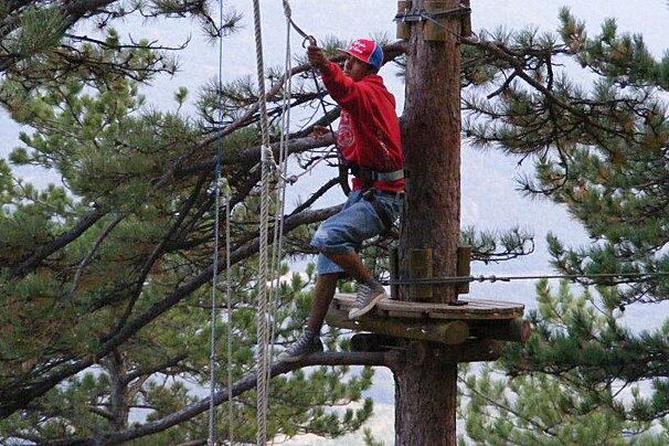 Someone setting up a tree top adventure in Nyon