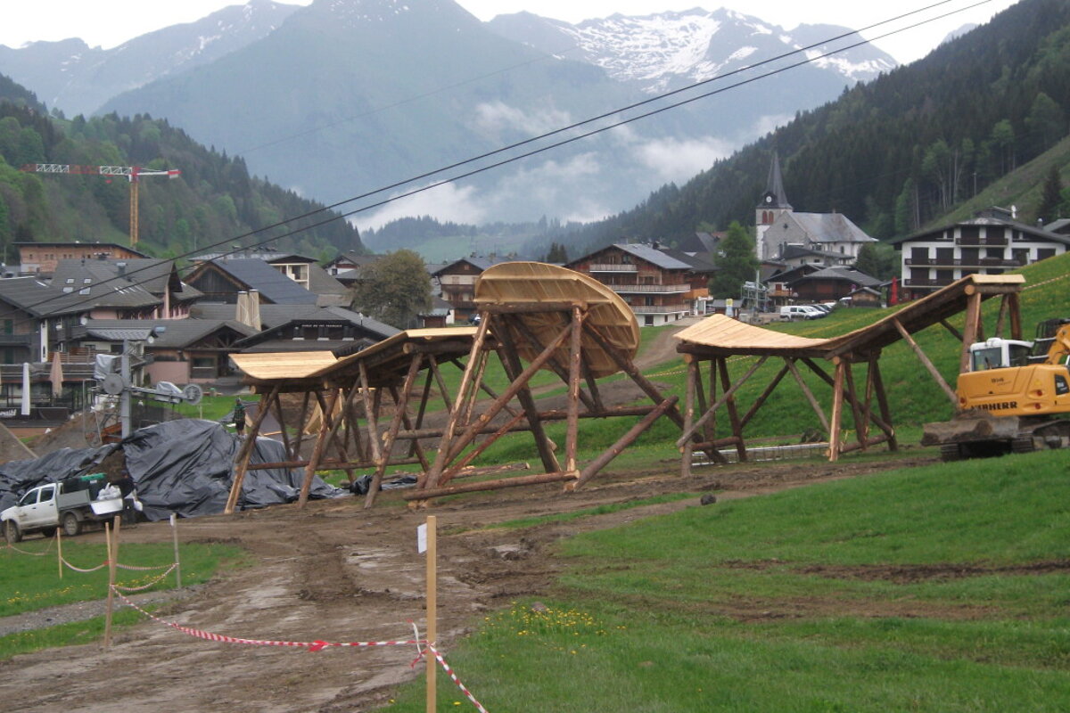 wooden features being built in les gets bike park