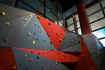 A climbing wall in a gym with a window behind it