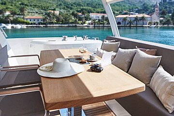 A table with a hat and a camera on it