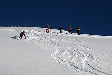 A group of people skiing down a snowy hill