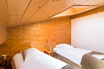 A bedroom with two beds and a vase of flowers on a nightstand