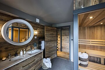 A bathroom with a sink a mirror and a sauna