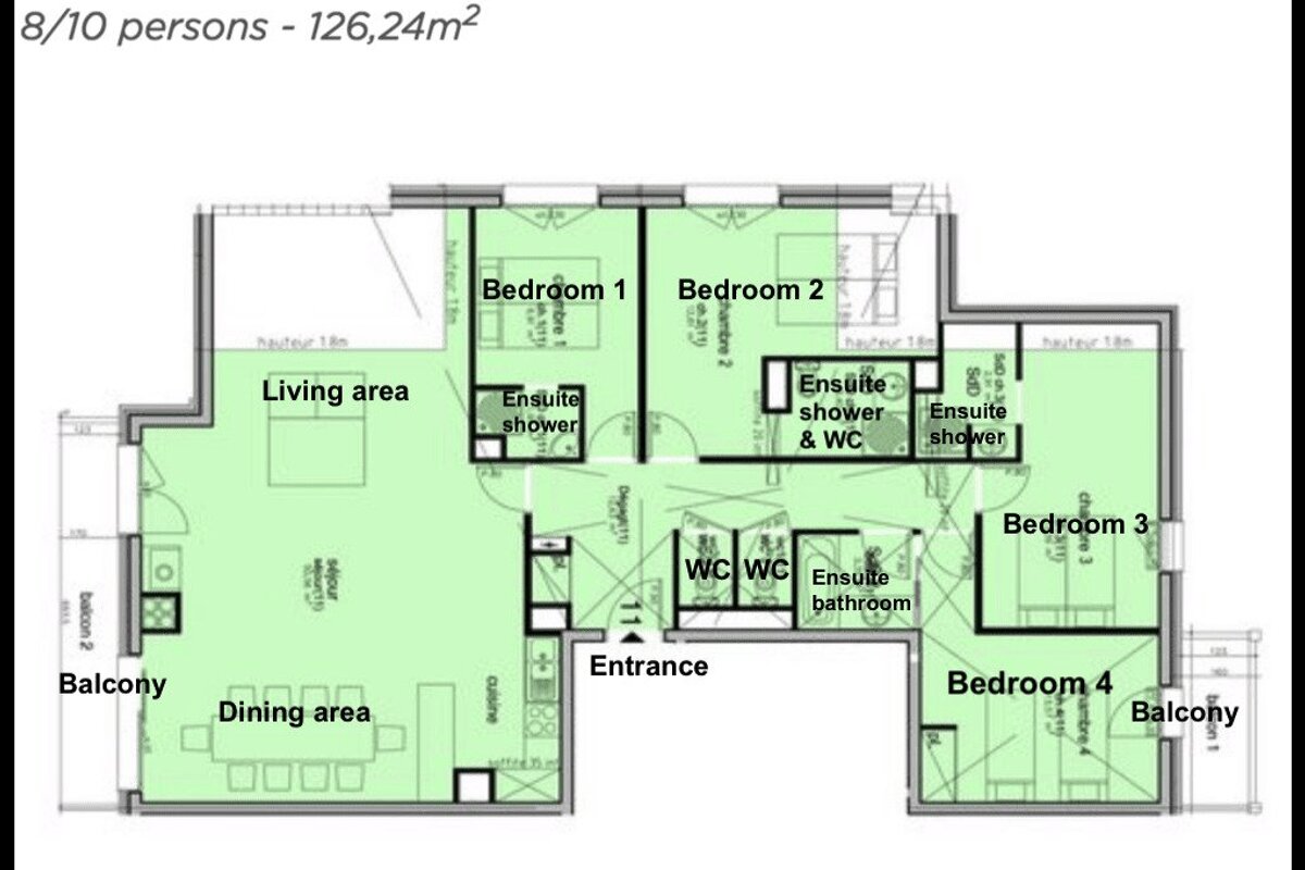A floor plan of a house showing the bedrooms and balconies