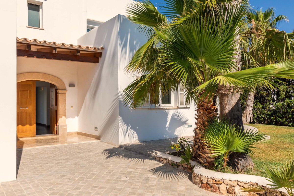 A white house with a palm tree in front of it