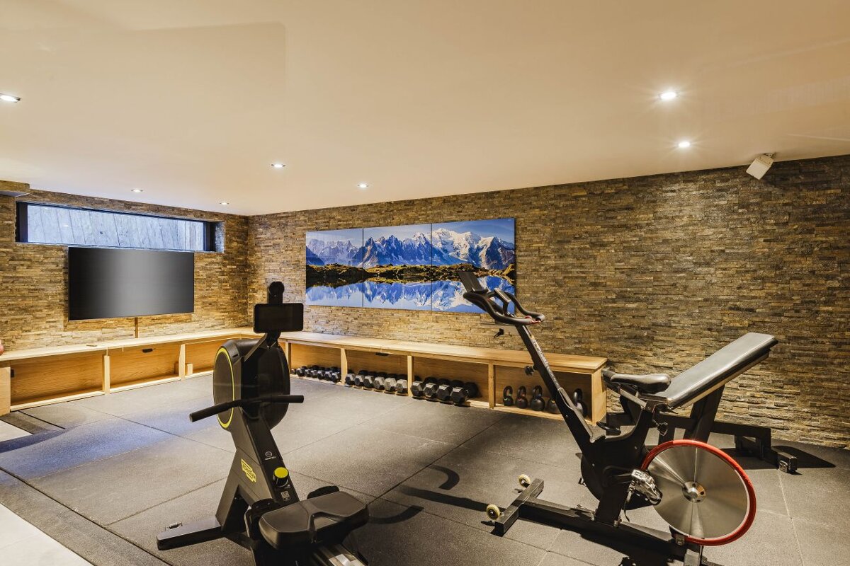 A gym with a large painting of mountains on the wall