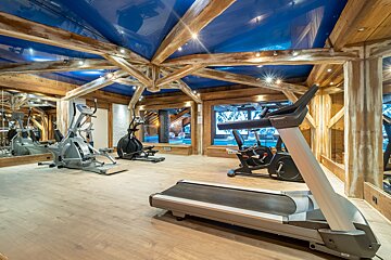 A treadmill in a gym with a blue ceiling