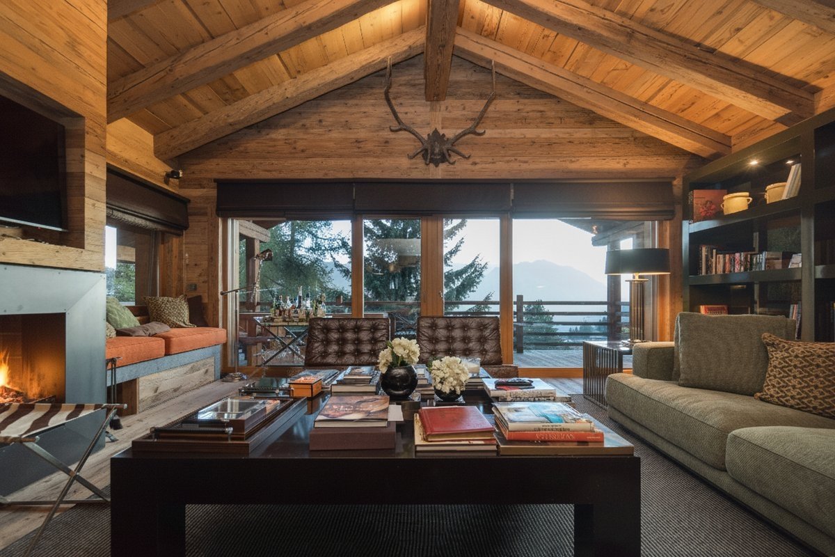 A luxurious wooden chalet living room with a fireplace, stunning mountain views through large windows, and cozy, rustic decor.