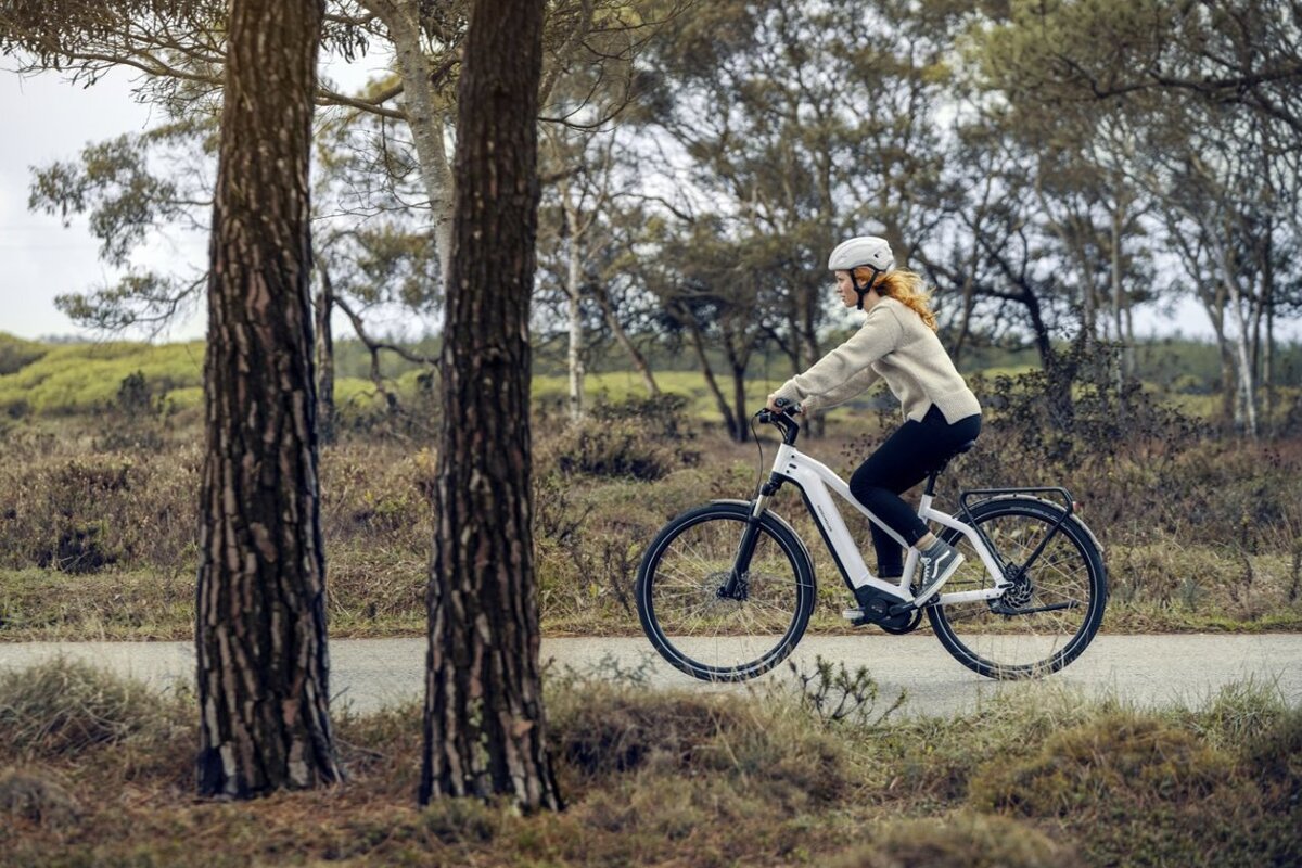 A woman wearing a helmet is riding an electric bike