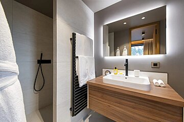 A bathroom with a sink and a large mirror