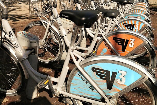 a row of V3 bikes for rent