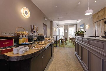 A twining box sits on a counter in a restaurant