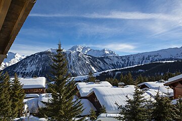 A snowy landscape with a mountain in the background