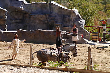 a woman upside down on a horse, rocamadour
