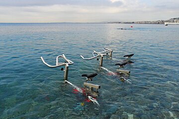 three exercise bikes in the sea