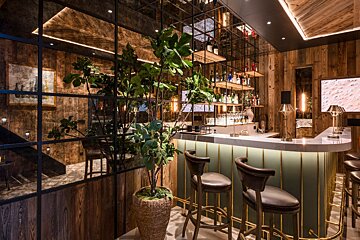 A bar with stools and a plant in front of it