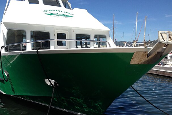 a green & white water taxi in Sainte Maxime