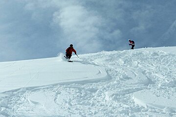 three skiers in fresh snow