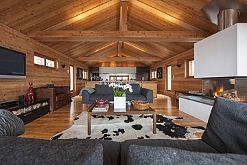 A living room with a cow print rug and a fireplace