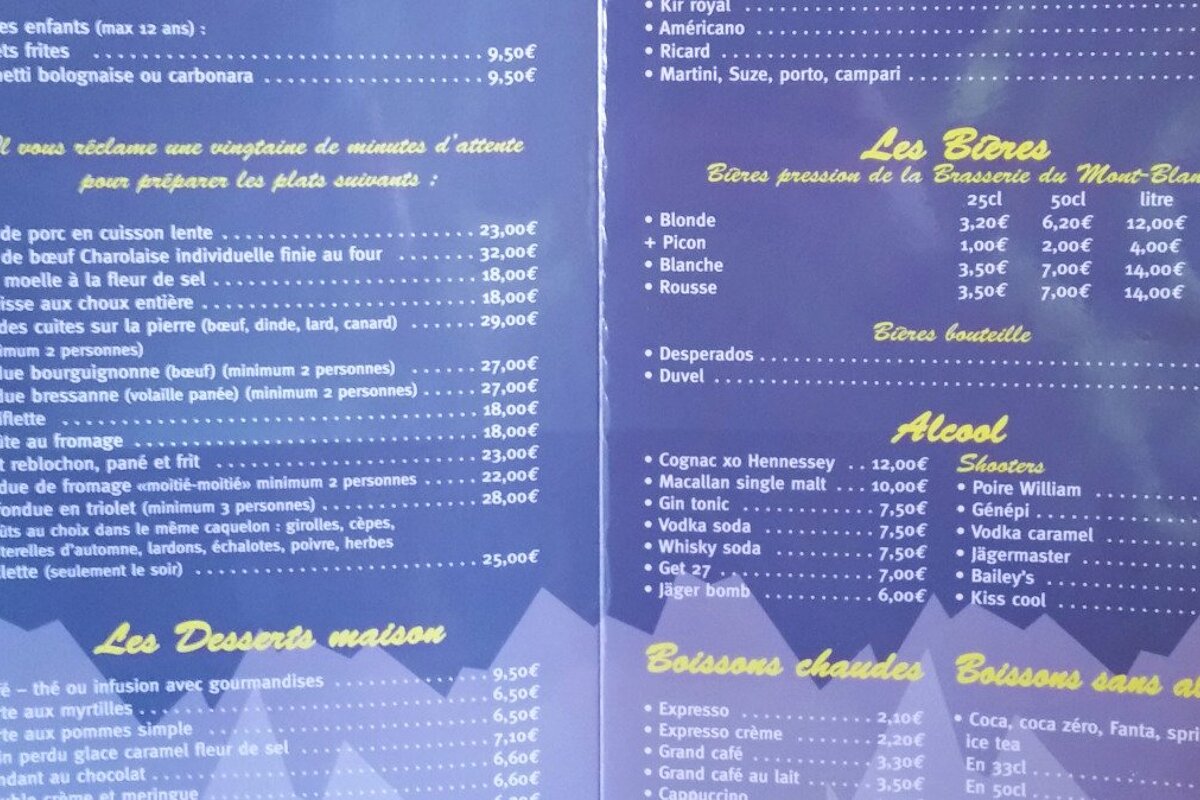 a menu at a restaurant in avoriaz