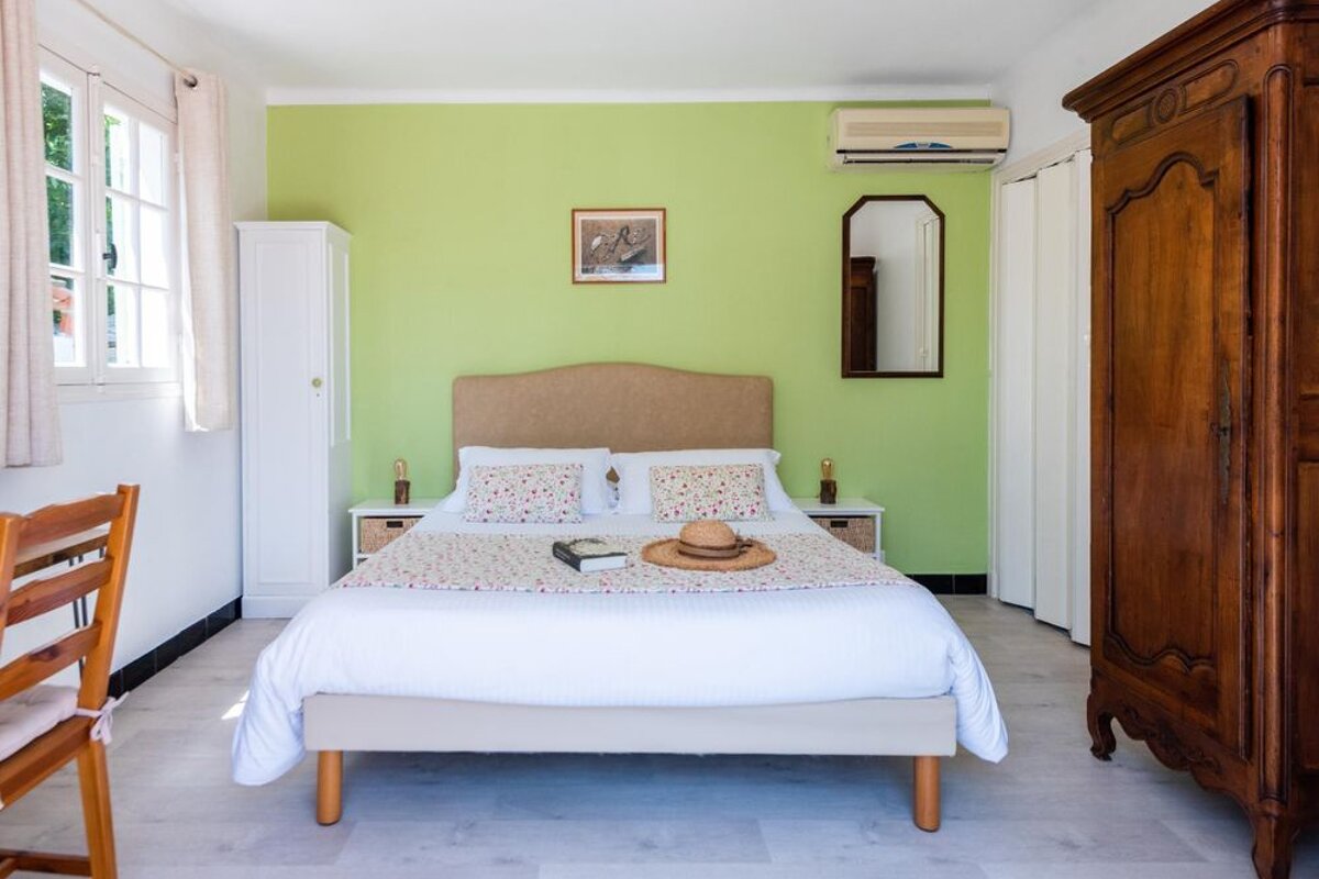 A bedroom with a bed and a hat on it