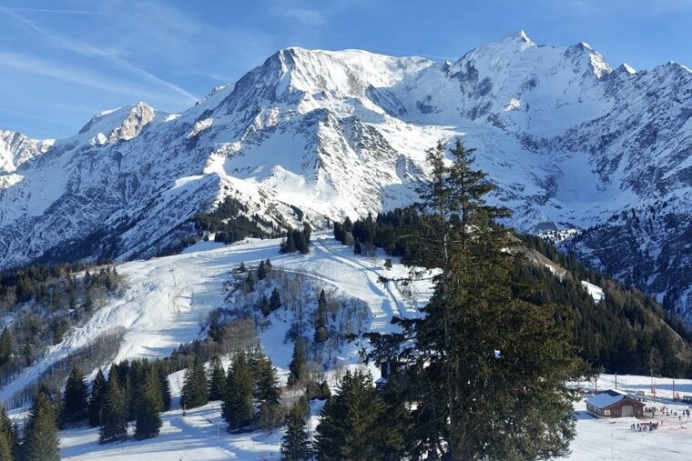 Les Houches pistes on a sunny day in January