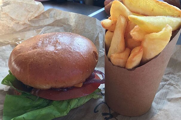 large cut chips and a burger