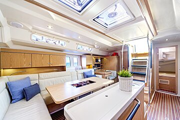 The inside of a boat with the number 1 on the ceiling
