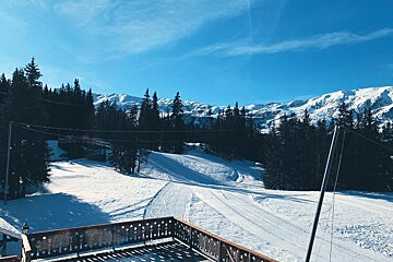 A view of a snowy mountain from a balcony