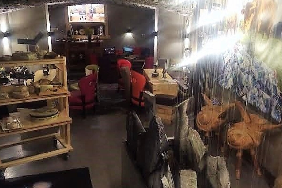 cheese tables and a water feature