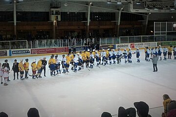 two teams walking past each other on the ice