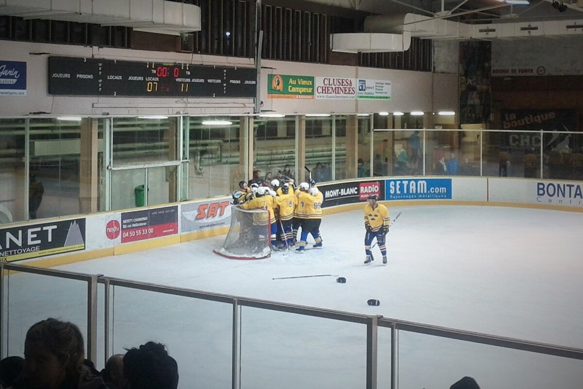 ice hockey players in yellow crowd the goal