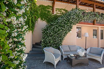 A patio area with a couch chairs and a table