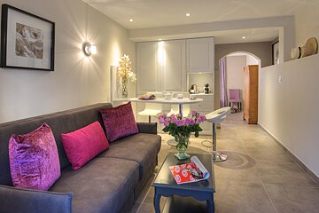 A living room with a gray couch and pink pillows