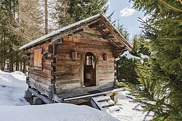 A small wooden cabin in the middle of a snowy forest