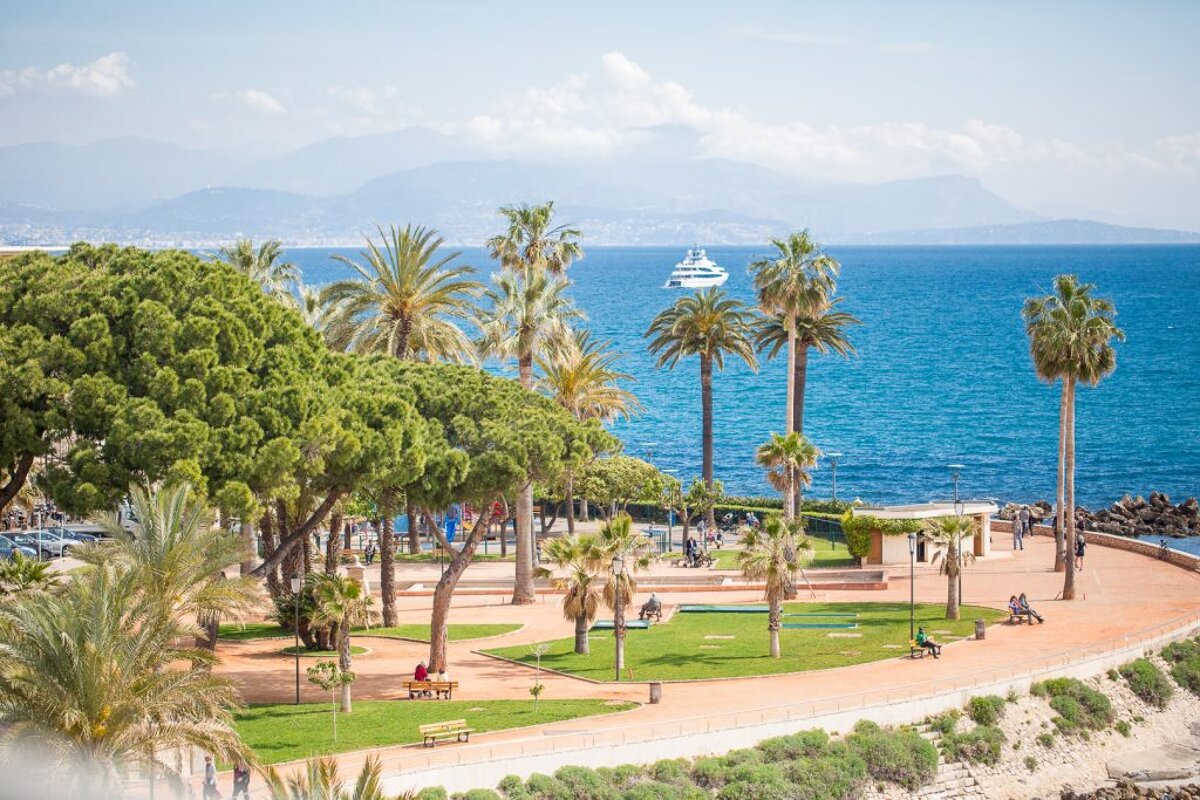A view of the ocean from a park with palm trees