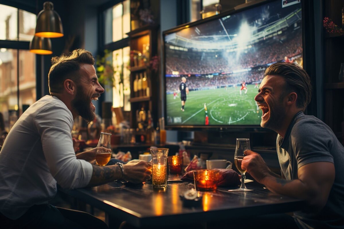 Two men laugh heartily while watching a soccer match on a large TV in a bar, enjoying drinks and the lively atmosphere.