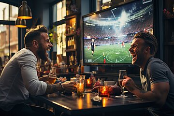 Two men laugh heartily while watching a soccer match on a large TV in a bar, enjoying drinks and the lively atmosphere.