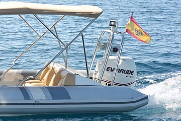 A boat with a evinrude outboard motor in the water