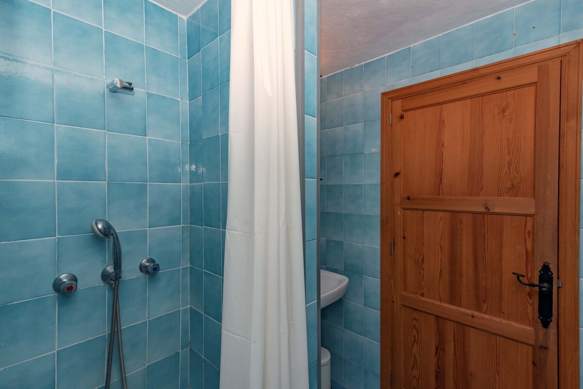 A bathroom with blue tiles and a wooden door