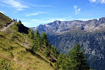 A person riding a bike on a trail in the mountains